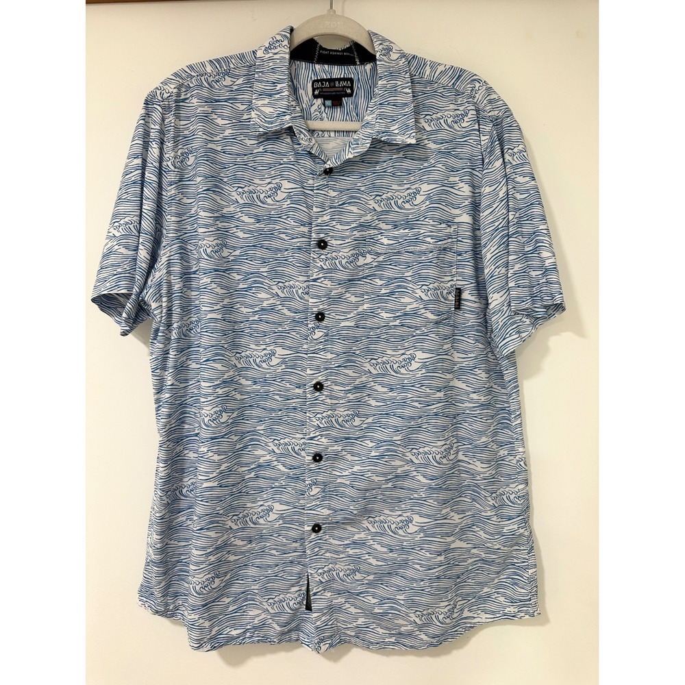 Baja Llama Wave Print Shirt Mens XL Blue White Short Sleeve Button Down Cotton